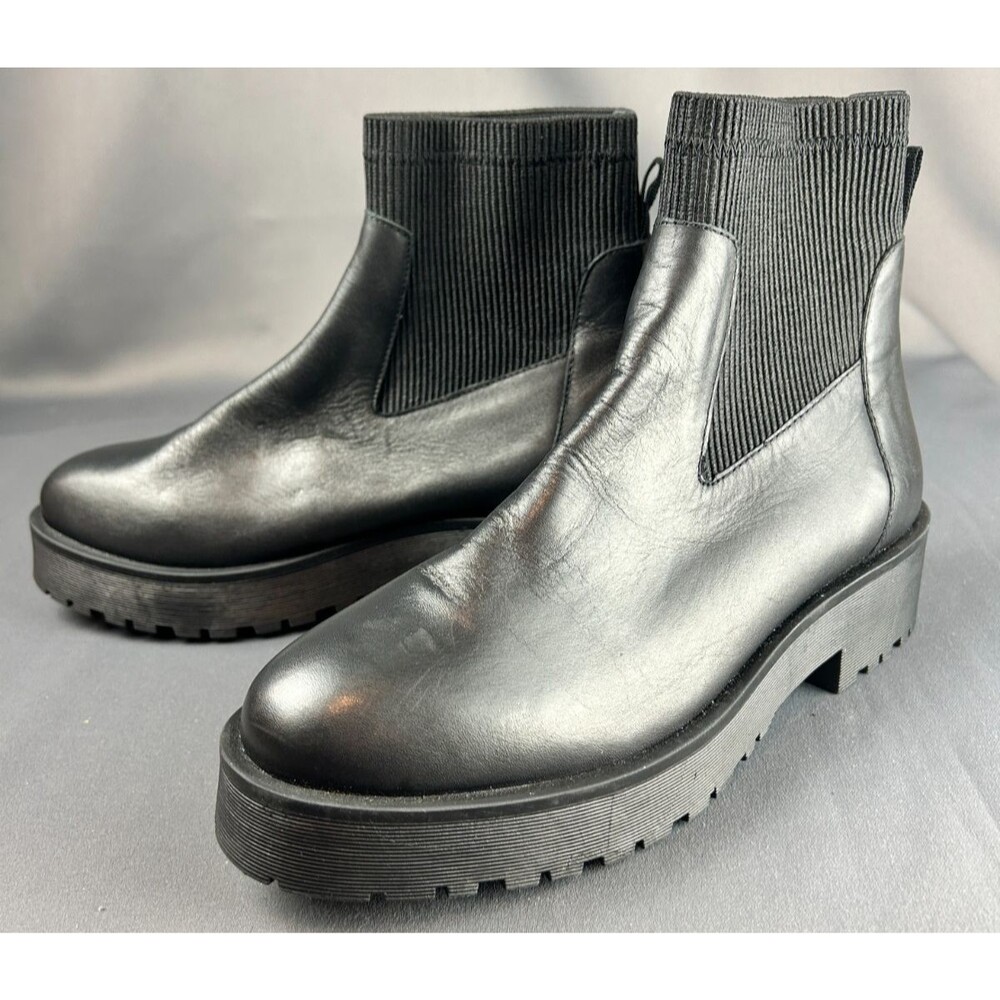 oobash Olivia Black Leather Chelsea Boots Lug Sole Pull On Size 9M NEW